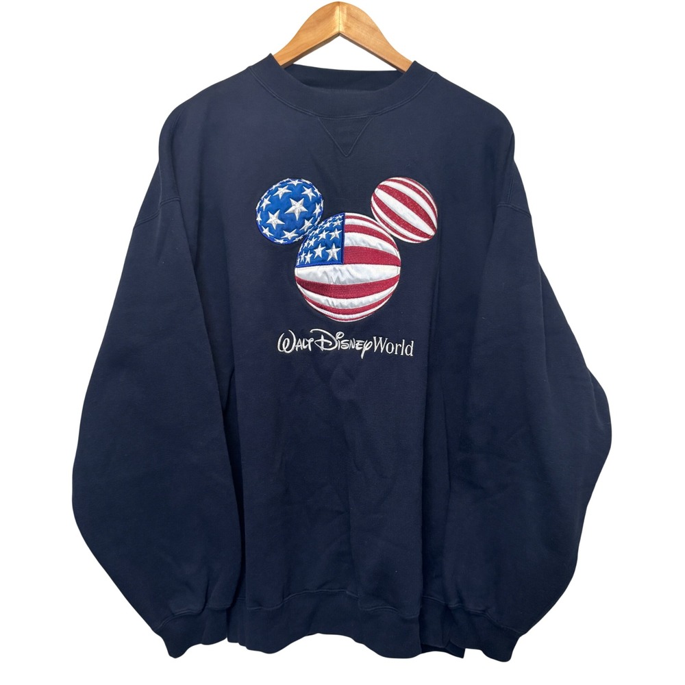 Vtg Walt Disney World Mens Sweatshirt XL Blue USA Flag 90s Y2K Mickey Patriotic